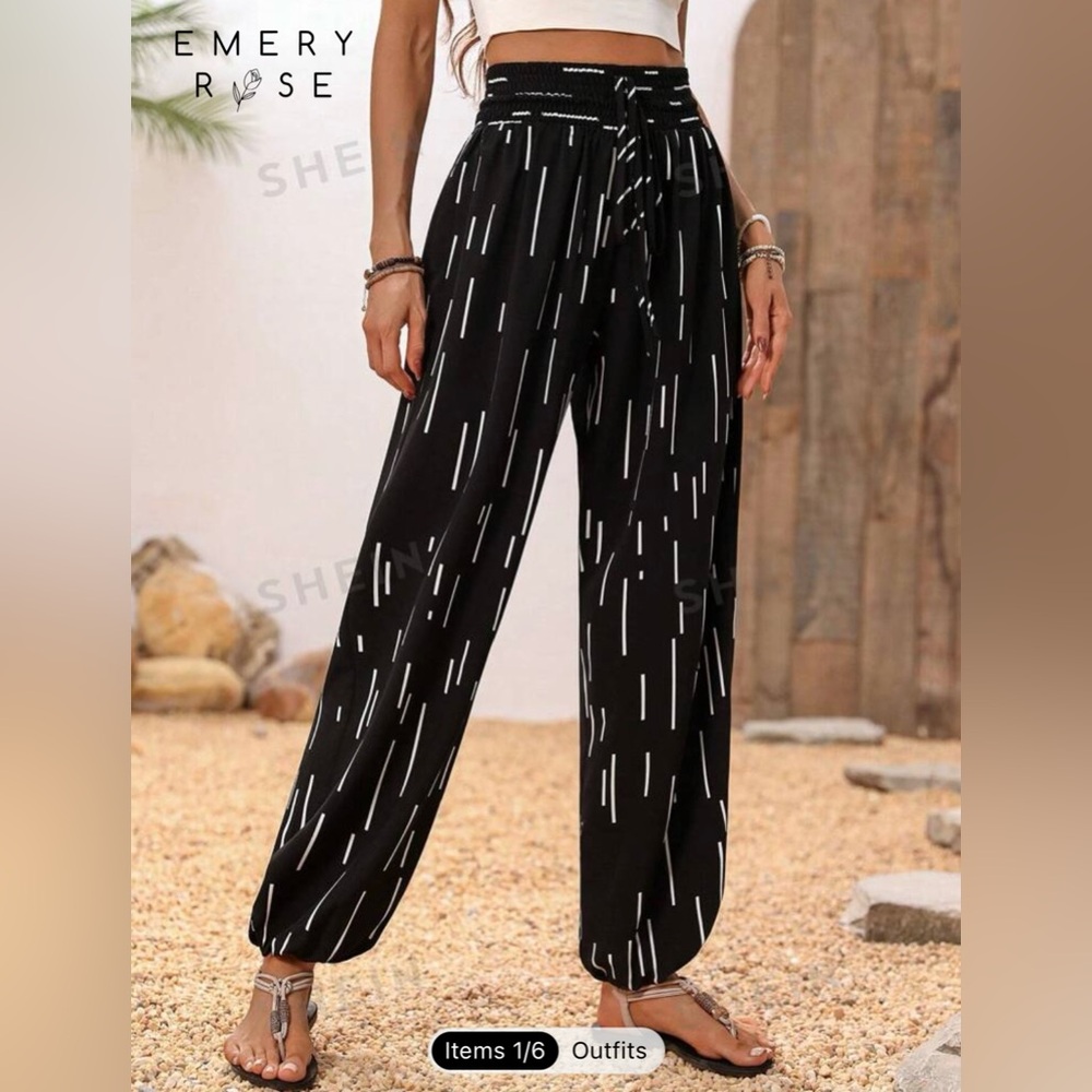Printed belt high waist paper bag pants with color block long trousers/genie